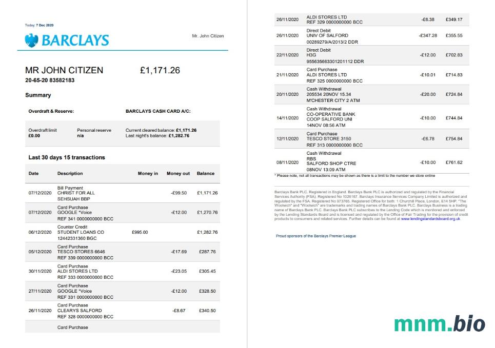 United Kingdom Barclays wzór wyciągu bankowego in Excel and PDF format, version 3 (2 stronas)